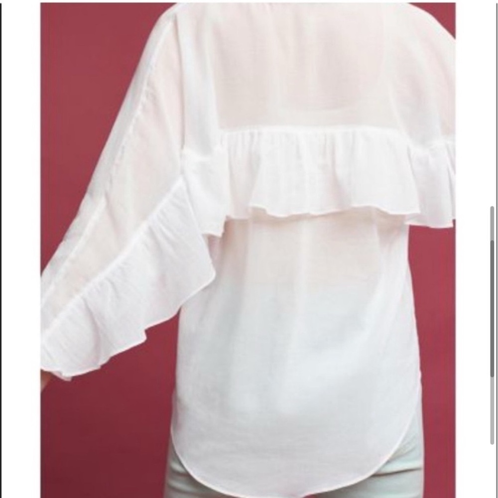 Anthropologie Maeve Ruffle Sleeve White Button Down Shirt L